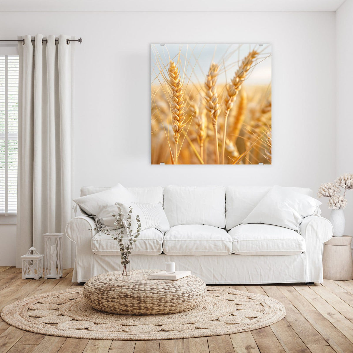 Glasbild Weizenähren am Himmel an der Wand – Goldene Weizenähren in Nahaufnahme vor hellem Himmel