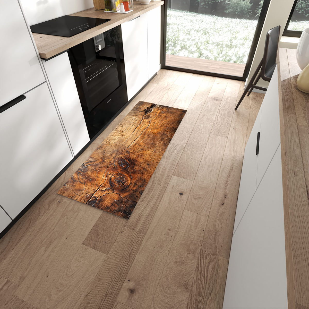 Ordnungsschaffender Küchenläufer mit Motiv Vintage Holzmaserung in moderner Küche #grösse_60 x 150 cm
