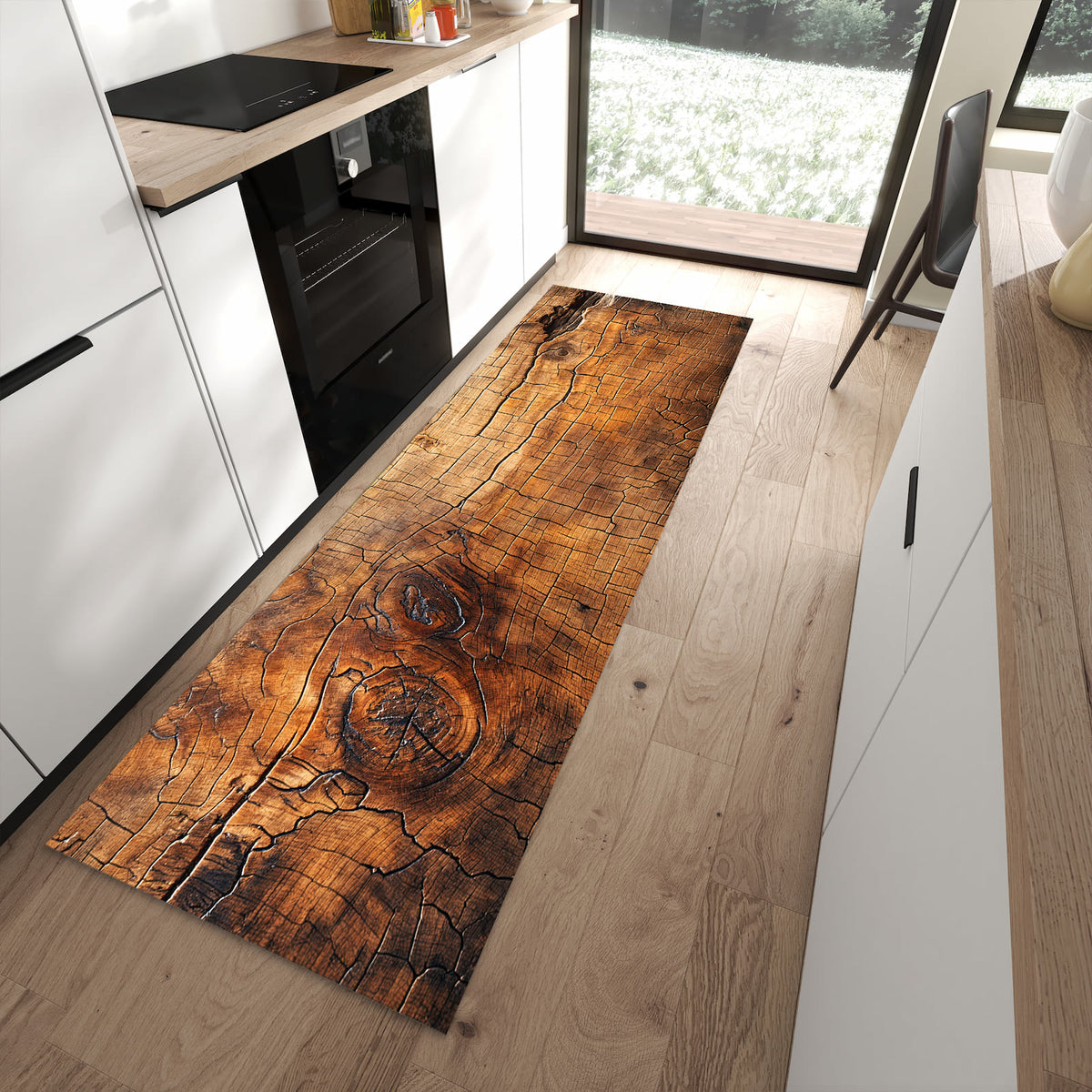 Abriebfester Küchenteppich mit Motiv Vintage Holzmaserung in moderner Küche