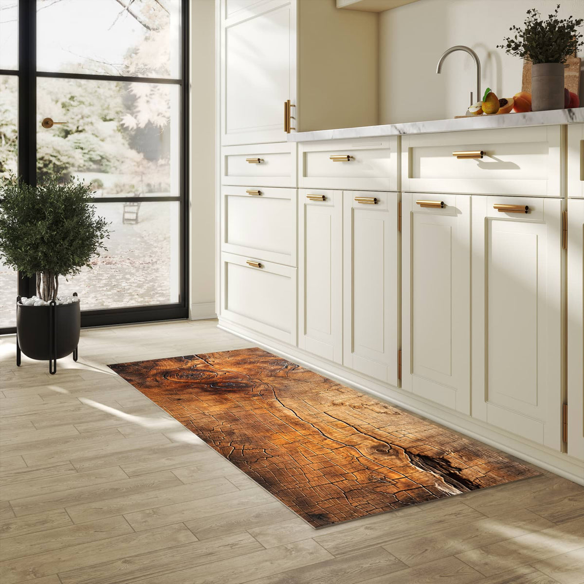 Bodenschonender Küchenteppich mit Motiv Vintage Holzmaserung in heller Küche