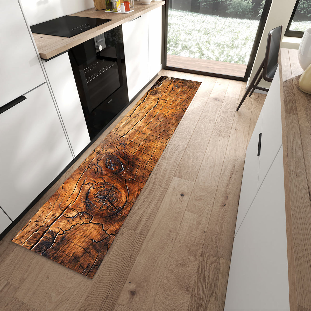 Formstabiler Küchenläufer mit Motiv Vintage Holzmaserung in moderner Küche