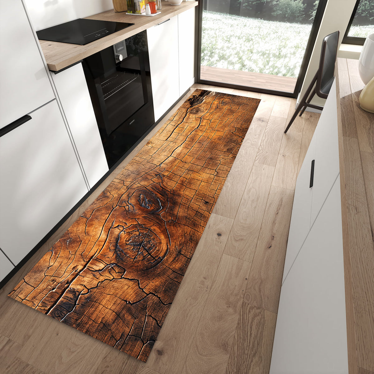 UV-beständiger Teppich für Küche mit Motiv Vintage Holzmaserung in moderner Küche