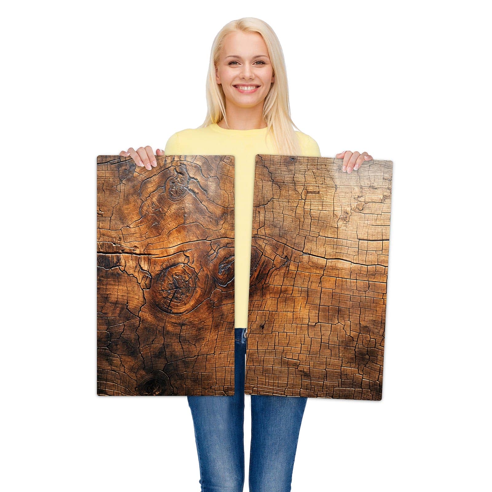 2-teilige Herdabdeckplatten für Ceranfeld mit Vintage Holzmaserung-Motiv wird zur Größendarstellung gehalten