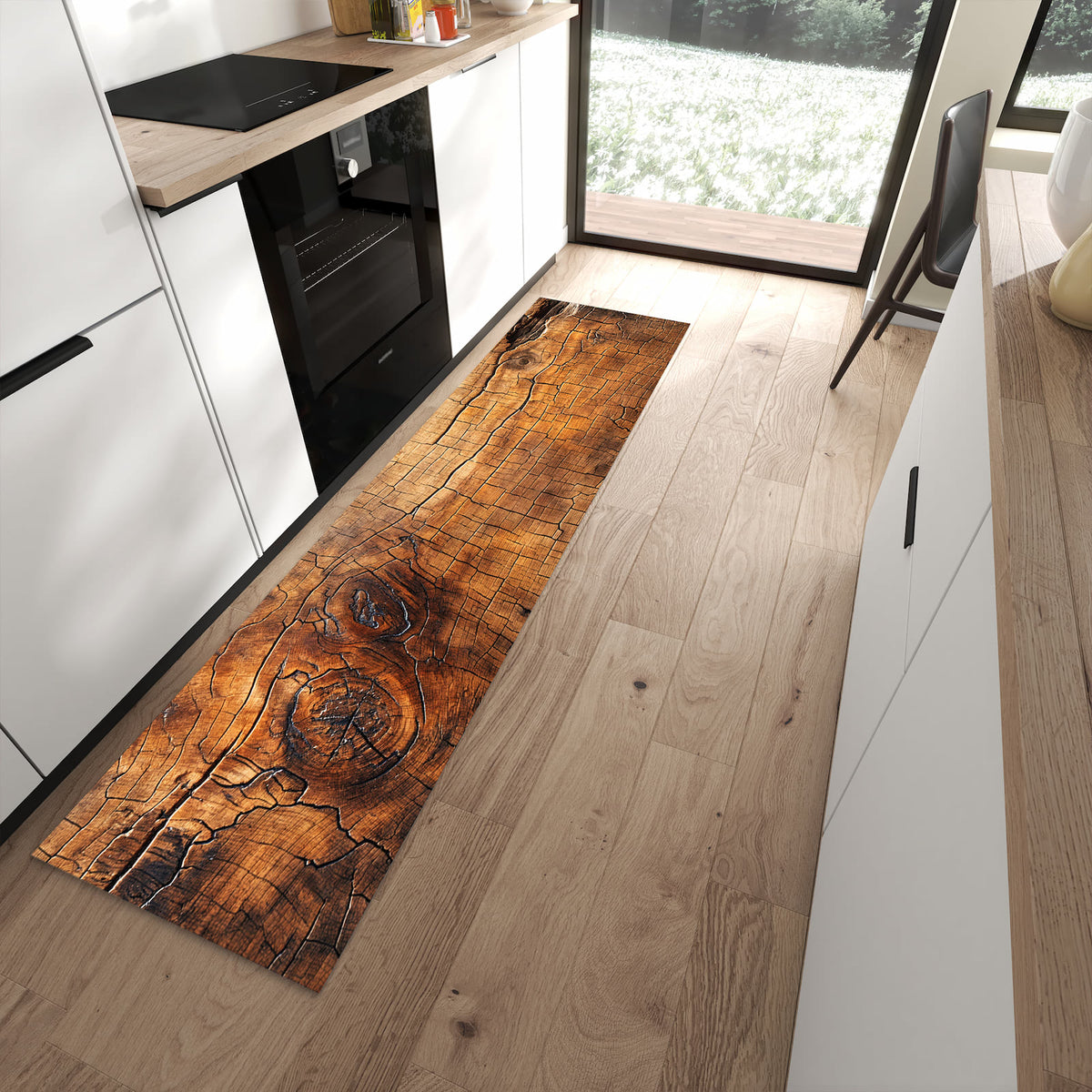 Farbbeständiger Küchenläufer mit Motiv Vintage Holzmaserung in moderner Küche zum Waschen