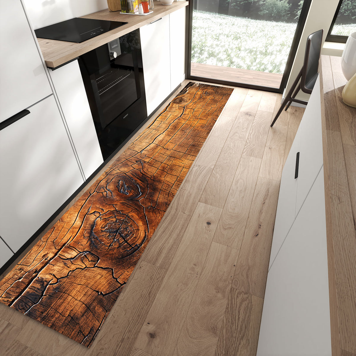 Abwaschbarer Küchenläufer mit Motiv Vintage Holzmaserung in moderner Küche