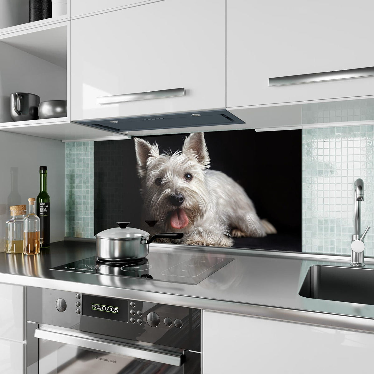 Küchenrückwand aus Glas Weißer Terrier im Hochformat als Spritzschutz hinter dem Kochfeld, über dem Fliesenspiegel montiert