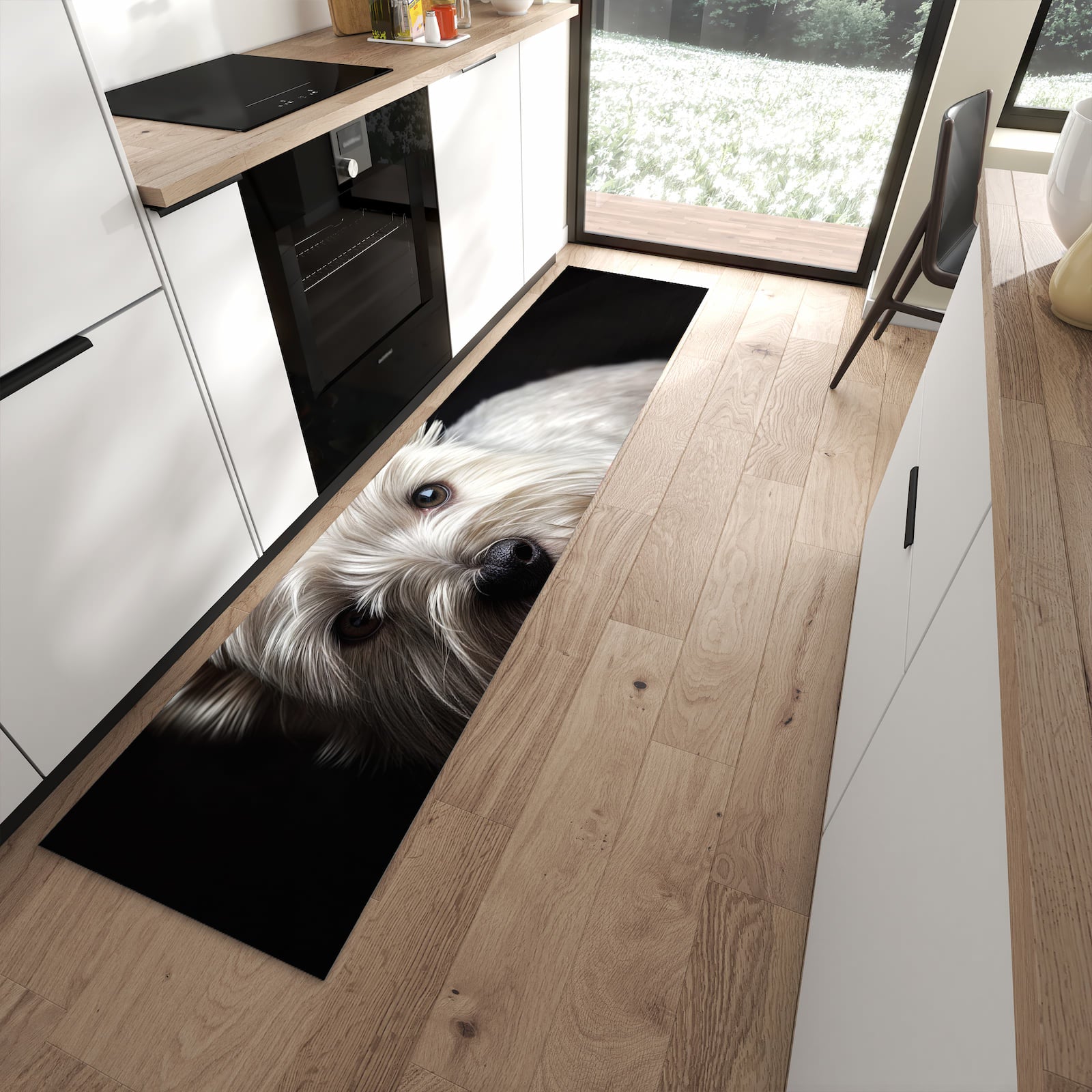 Rutschfester Küchenteppich mit Motiv Weisser Hund in moderner Küche