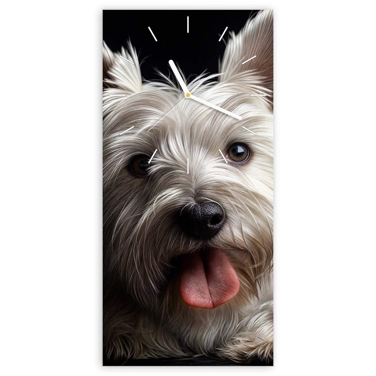 Wanduhr aus Glas, Ziffernblatt Linie: Weißer West-Highland-Terrier mit herausgestreckter Zunge vor schwarzem Hintergrund