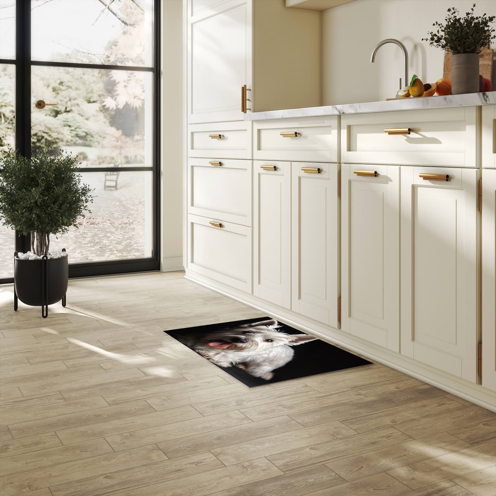 Geruchsneutraler rutschfester Küchenläufer mit Motiv Weisser Hund in heller Küche