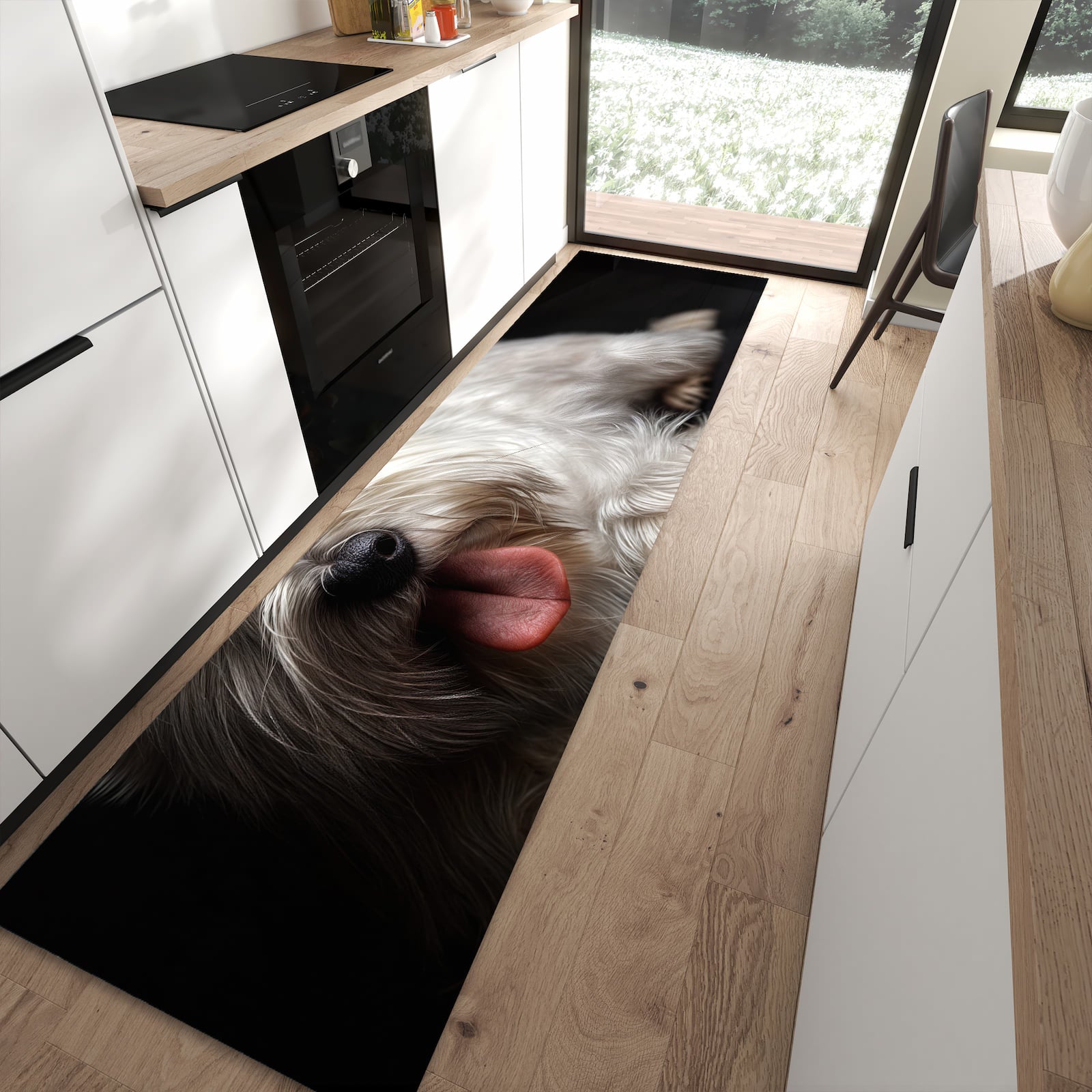 Langlebiger rutschfester Küchenläufer mit Motiv Weisser Hund in moderner Küche