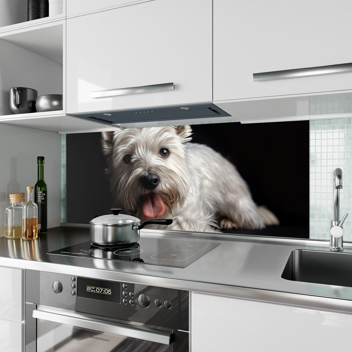 Küchenrückwand aus Glas Weißer Terrier im Hochformat als Spritzschutz hinter dem Kochfeld, über dem Fliesenspiegel montiert