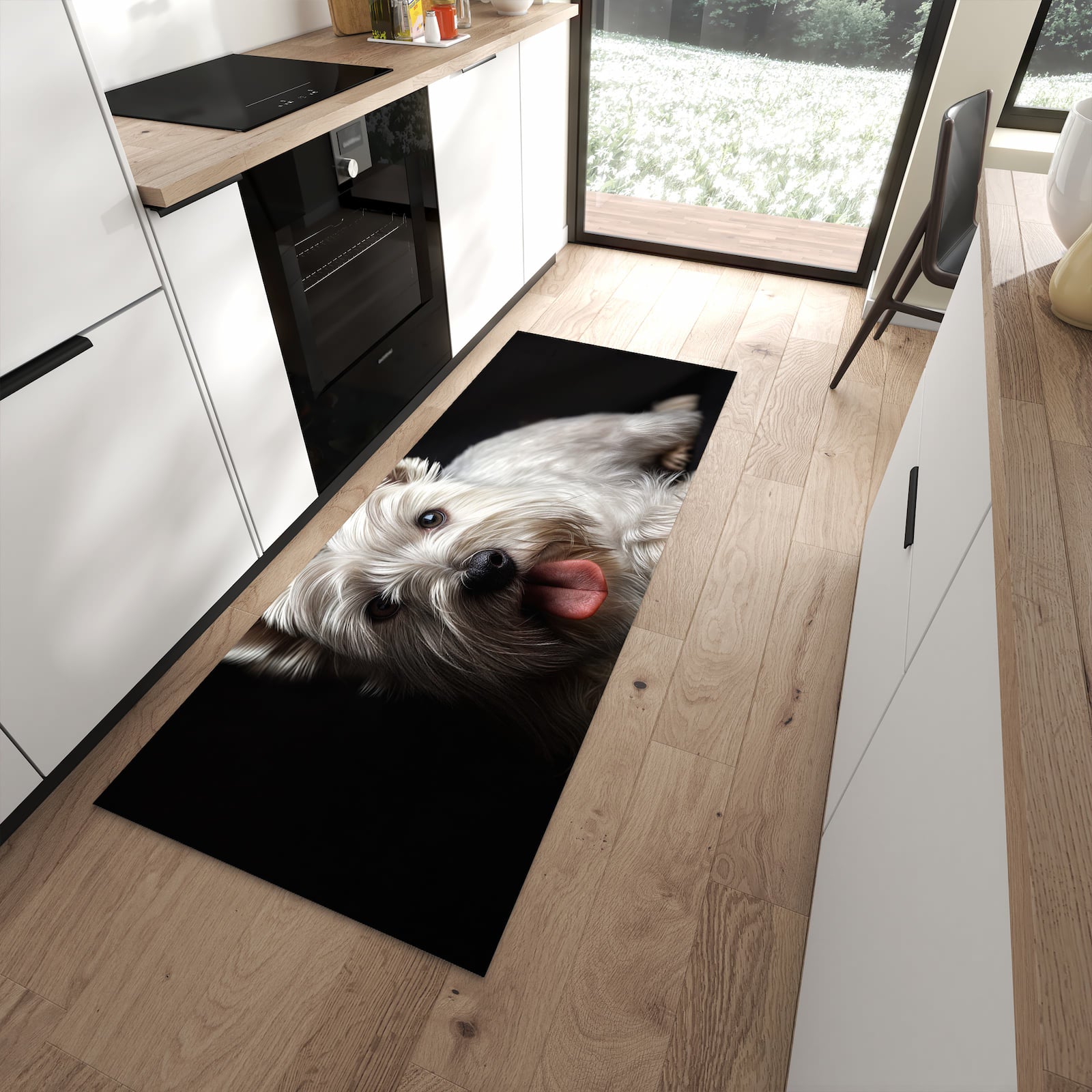 Hygienischer Küchenläufer mit Motiv Weisser Hund in moderner Küche