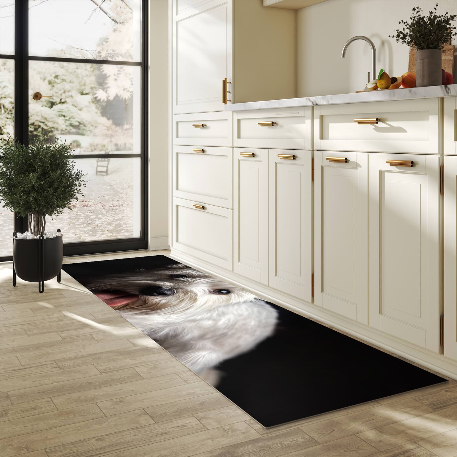 Pflegeleichter waschbarer Küchenläufer mit Motiv Weisser Hund in heller Küche