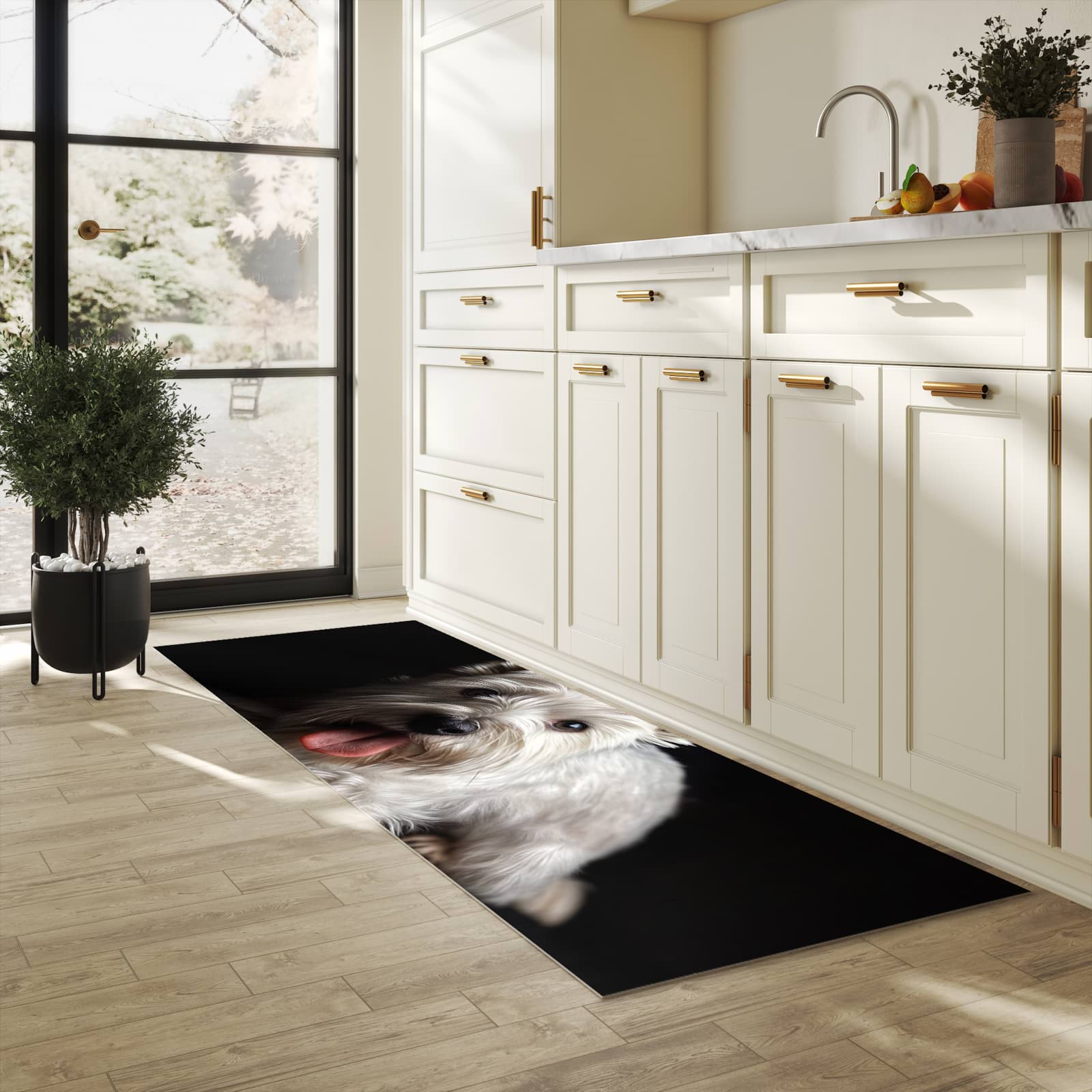 Flacher Küchenläufer nach Maß mit Motiv Weisser Hund in heller Küche