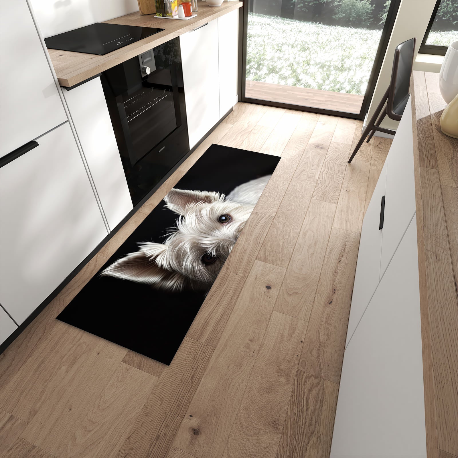 Pflegeleichter waschbarer Küchenteppich mit Motiv Weisser Hund in moderner Küche