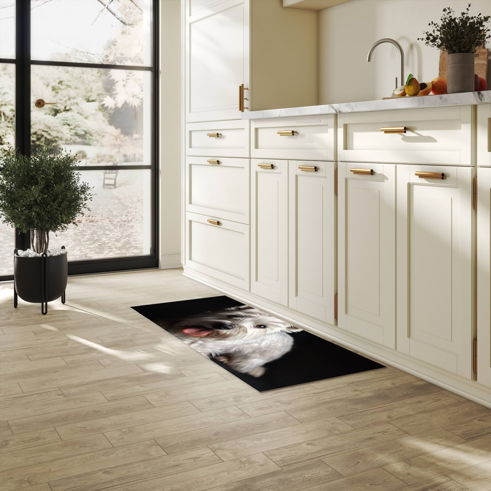 UV-beständiger Küchenläufer mit Motiv Weisser Hund in heller Küche
