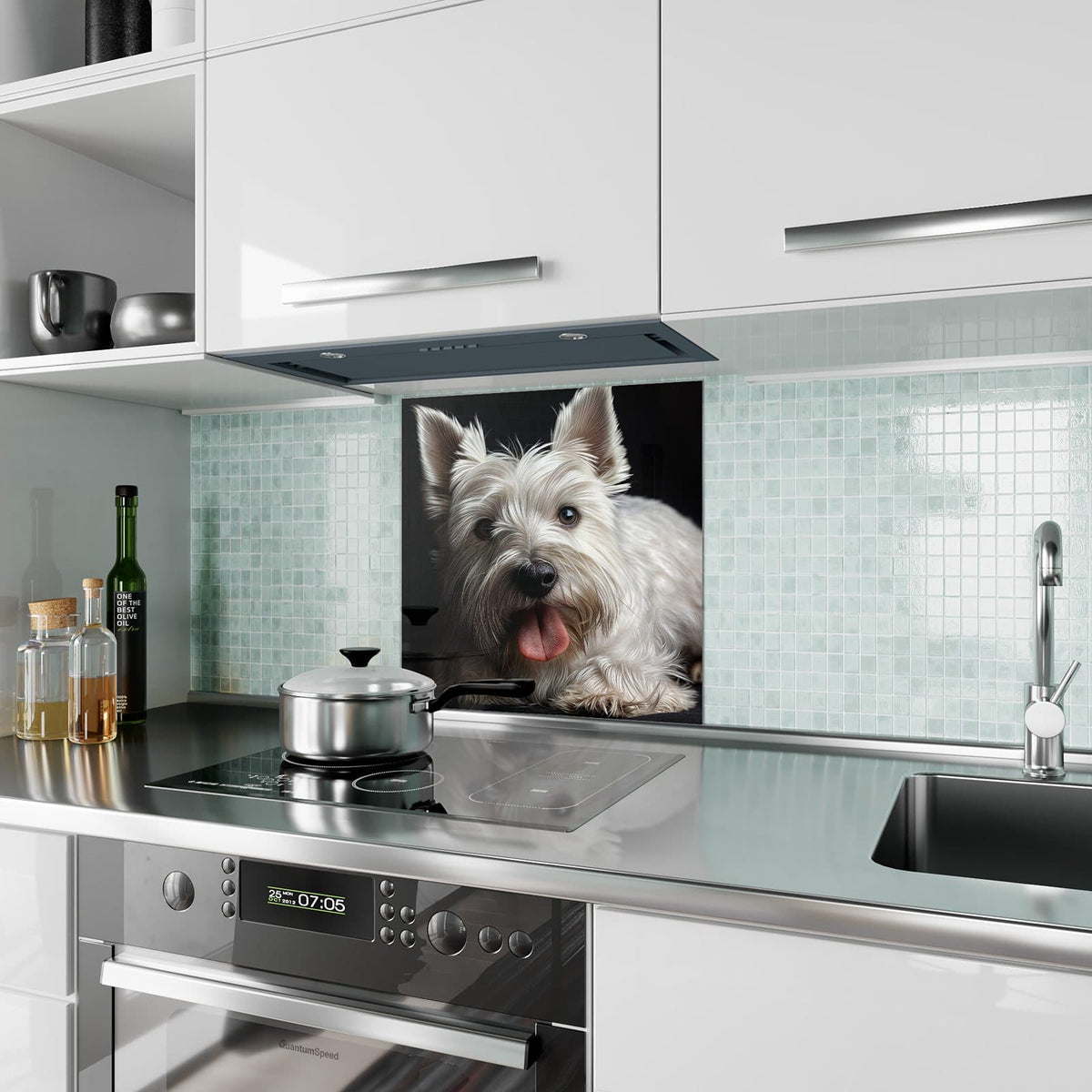 Küchenrückwand aus Glas Weißer Terrier im quadratischen Format als Spritzschutz hinter dem Kochfeld, über dem Fliesenspiegel montiert