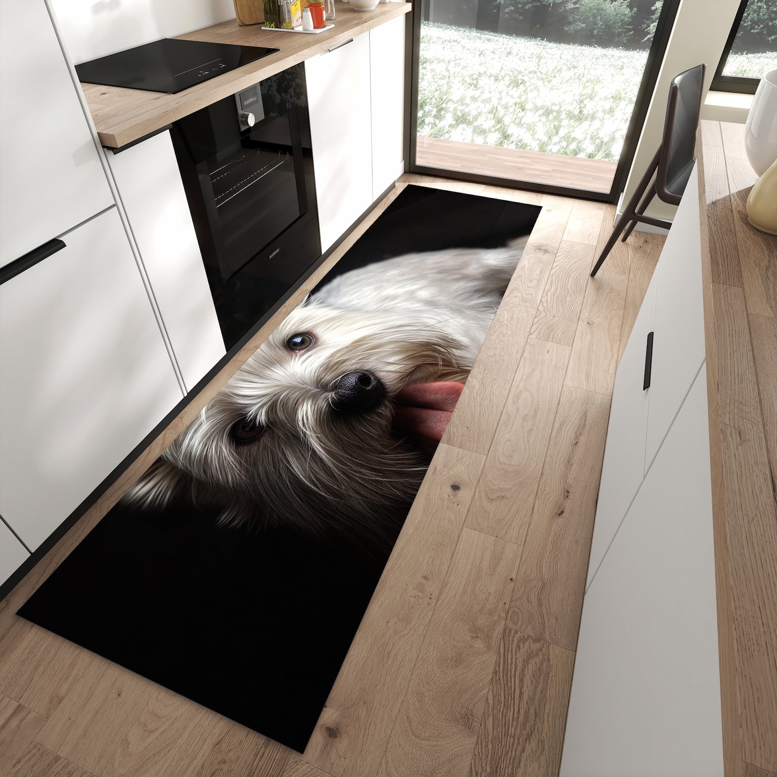 Waschbarer Küchenläufer mit Motiv Weisser Hund in moderner Küche