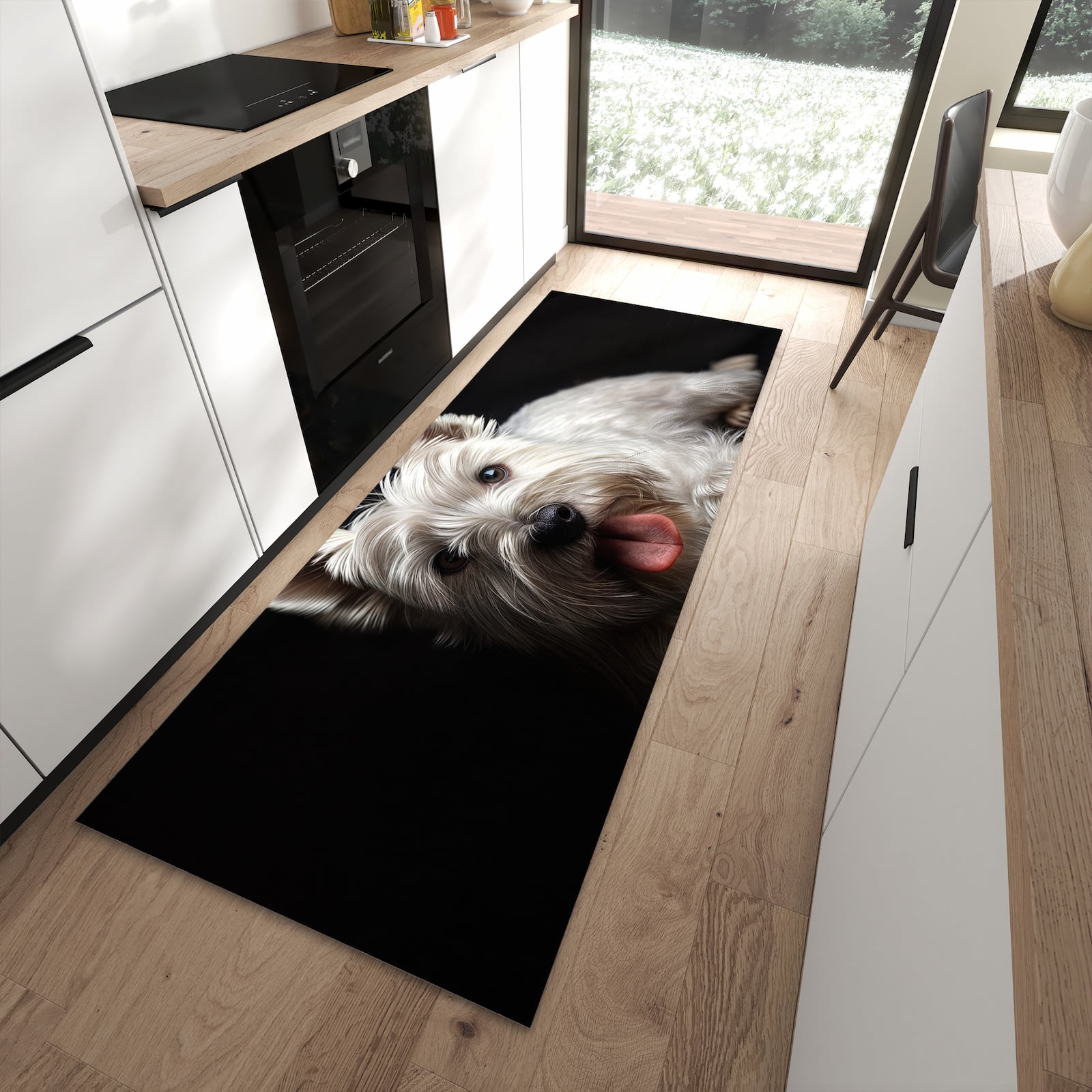Feuchtigkeitsresistenter waschbarer Küchenläufer mit Motiv Weisser Hund in moderner Küche