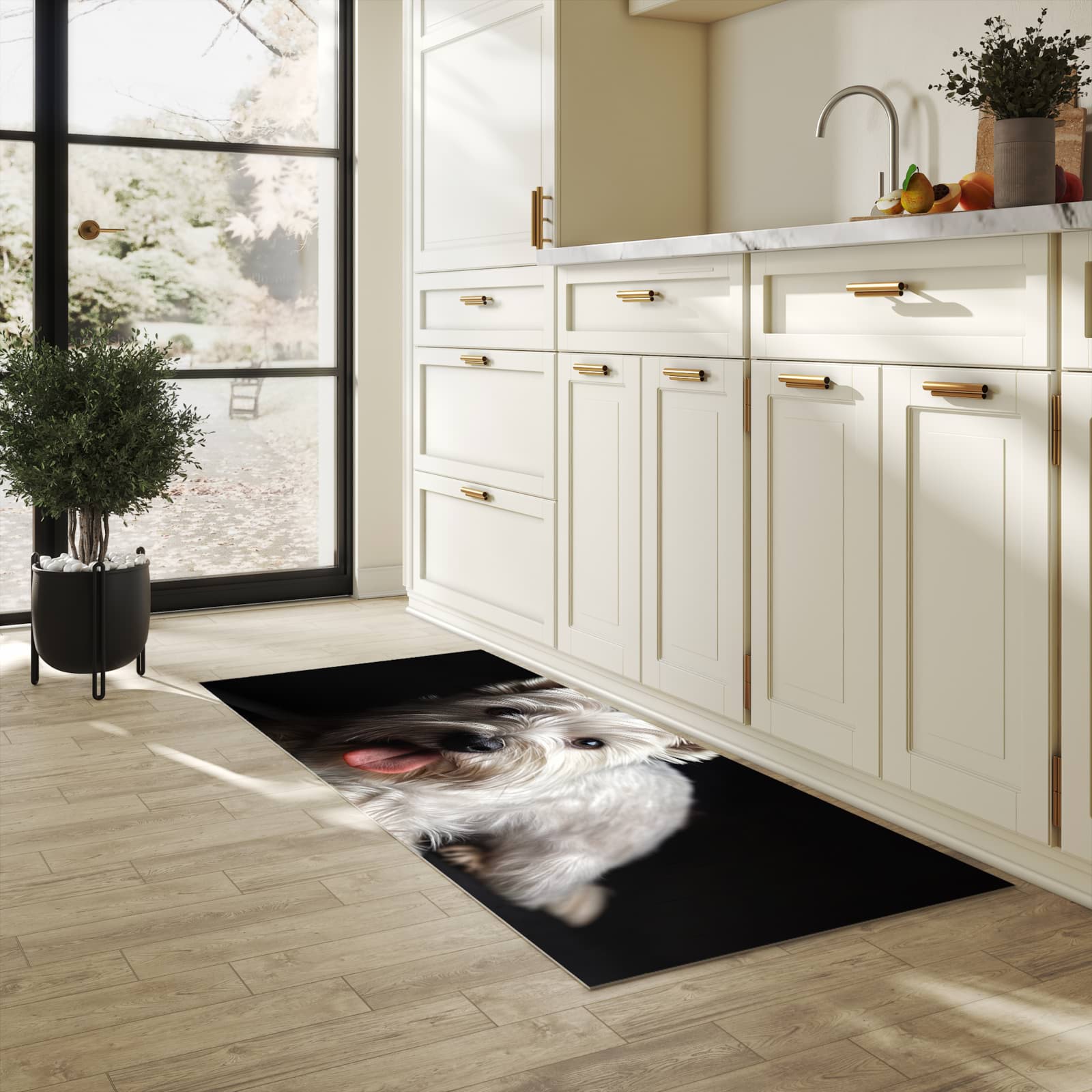 Langlebiger Küchenläufer mit Motiv Weisser Hund in heller Küche