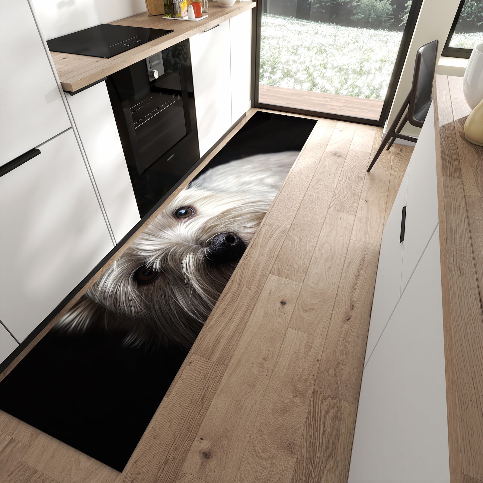 Waschbarer Küchenteppich mit Motiv Weisser Hund in moderner Küche