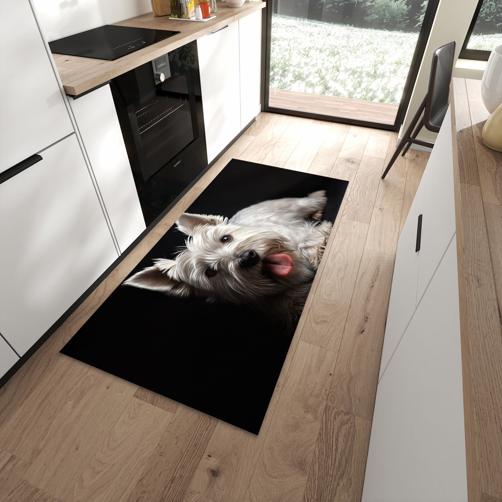 Rutschfester Küchenläufer mit Motiv Weisser Hund in moderner Küche