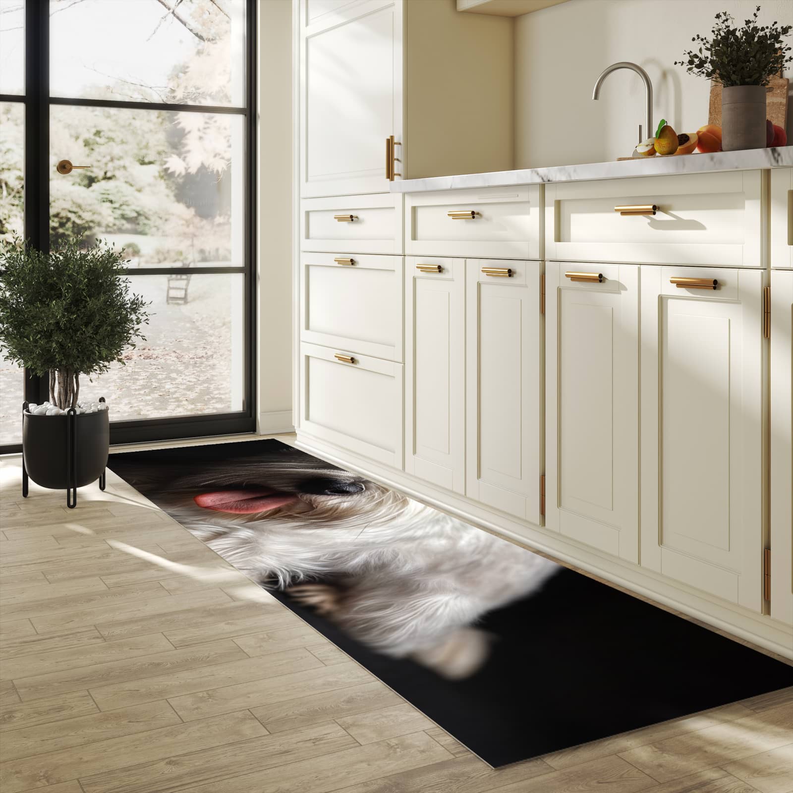 Komfortabler moderner Küchenläufer mit Motiv Weisser Hund in heller Küche