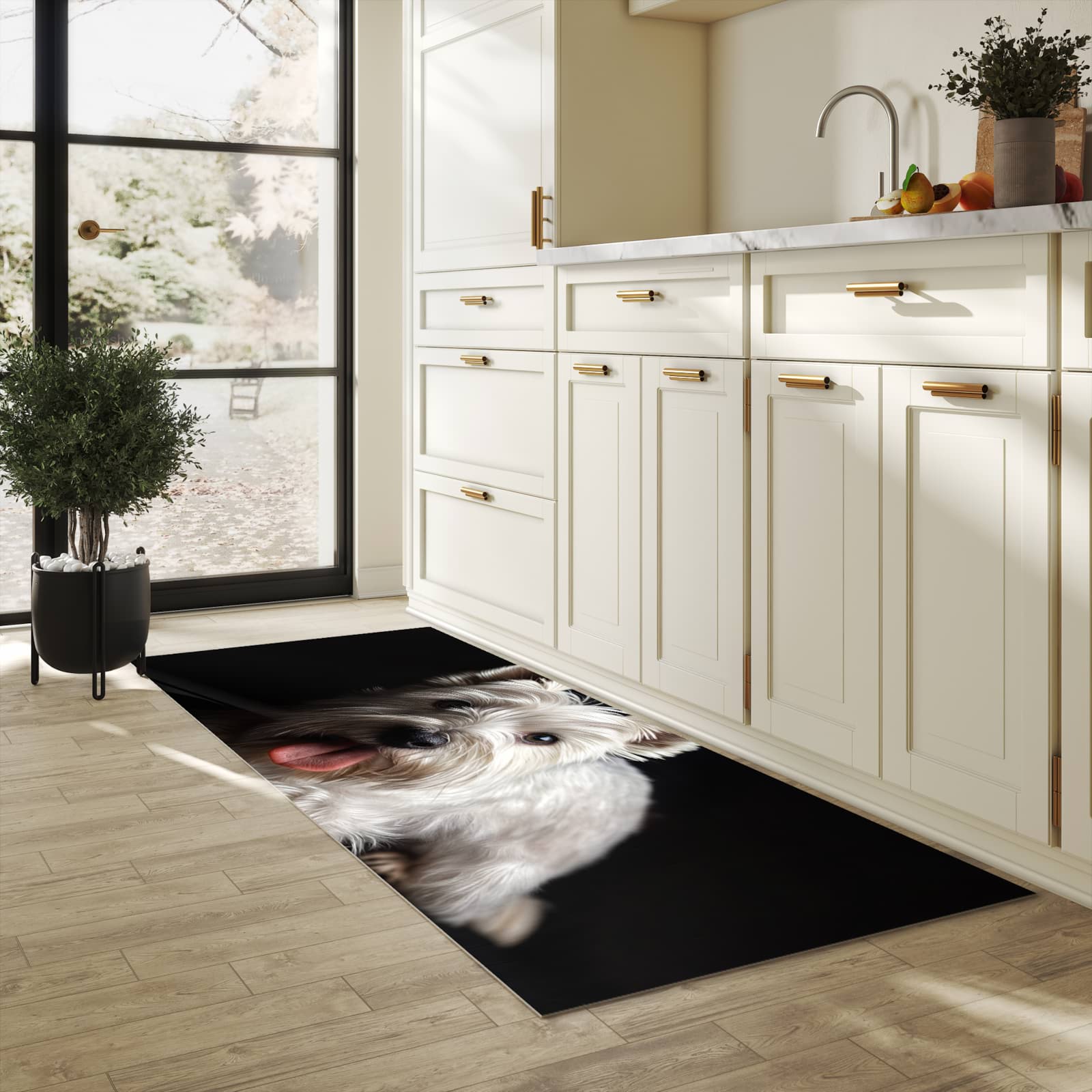 Abwaschbarer Küchenteppich mit Motiv Weisser Hund in heller Küche