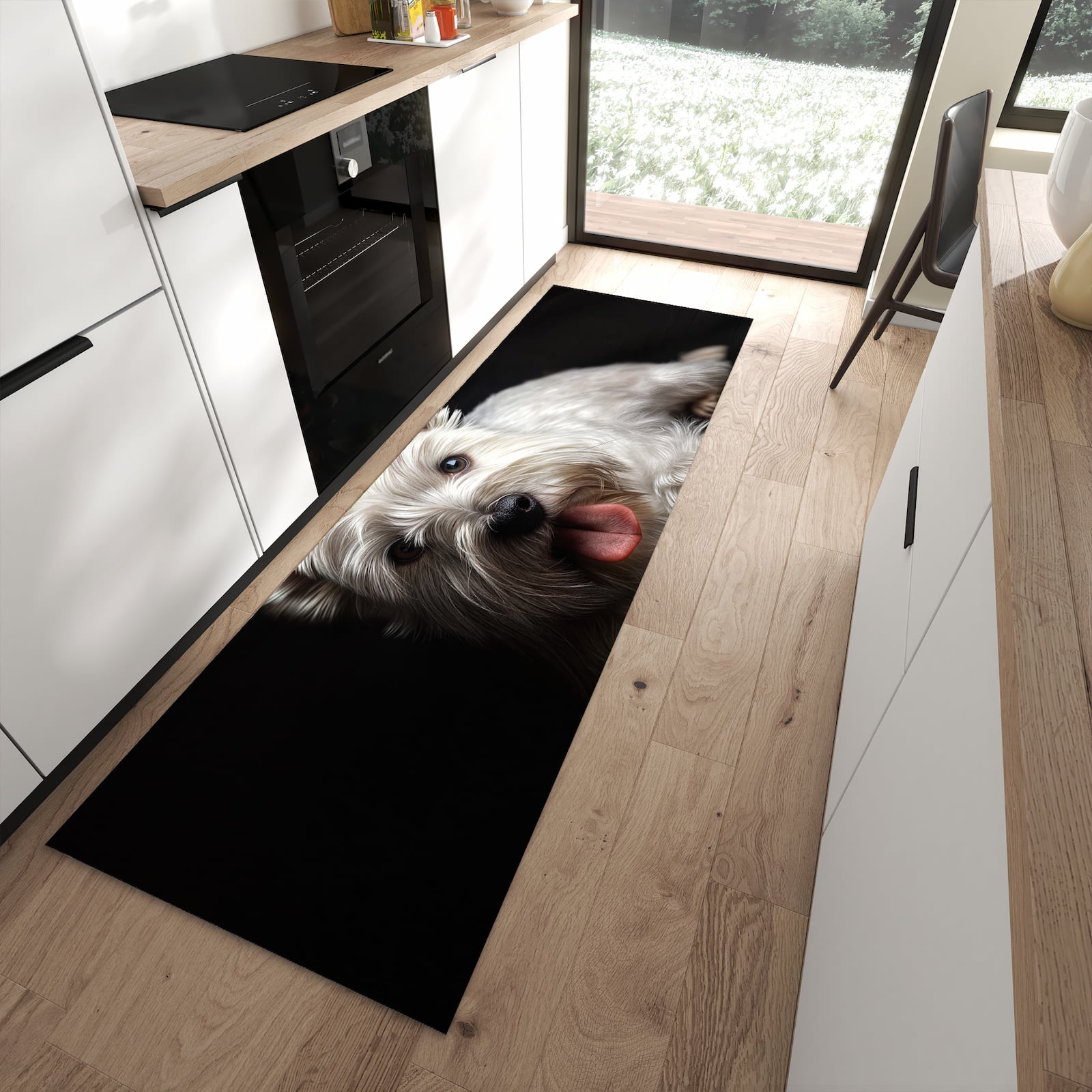 Strapazierfähiger Küchenläufer mit Motiv Weisser Hund in moderner Küche