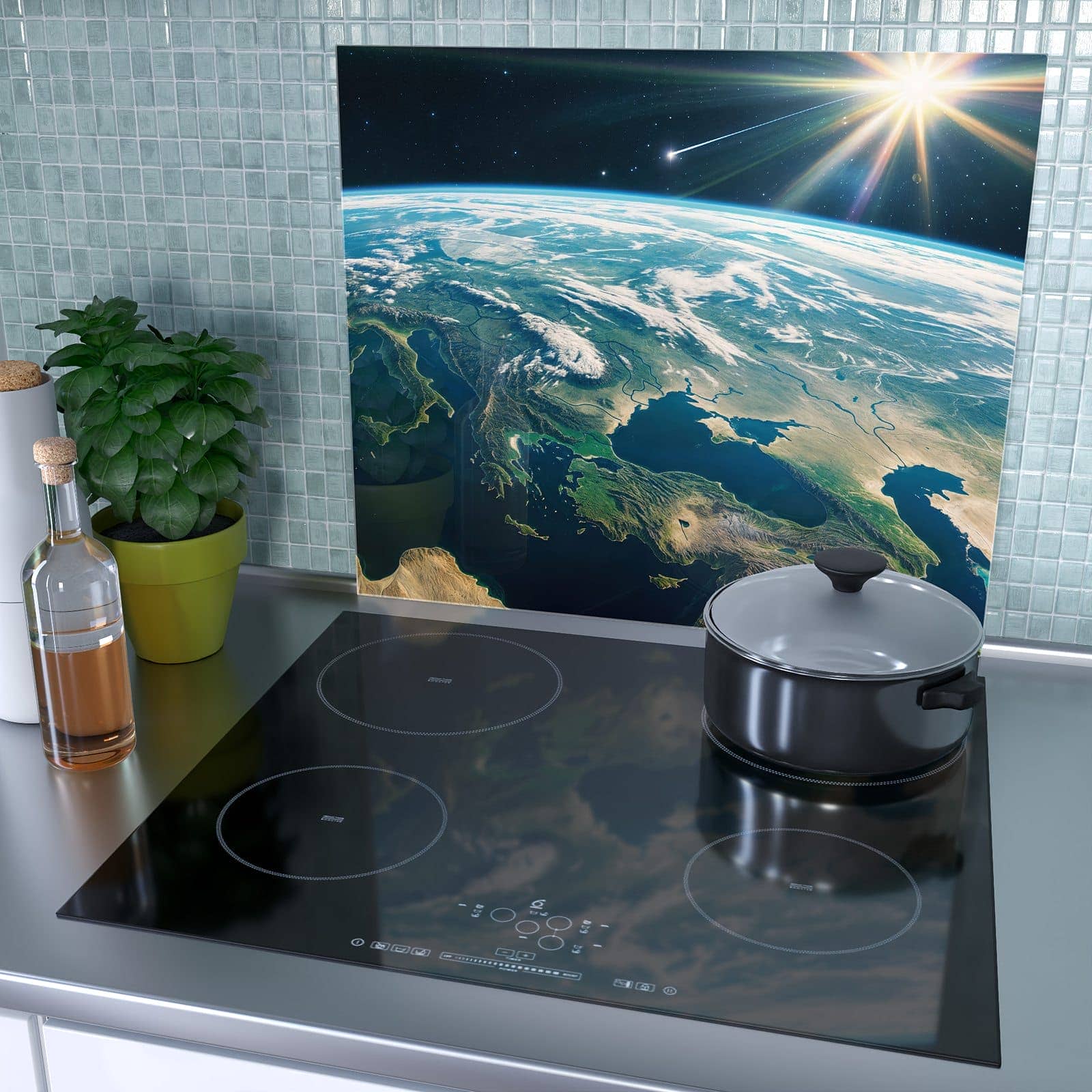 1-teilige Herdabdeckung aus Holz mit Blick Auf Die Erde-Motiv als Spritzschutz hinter dem Kochfeld