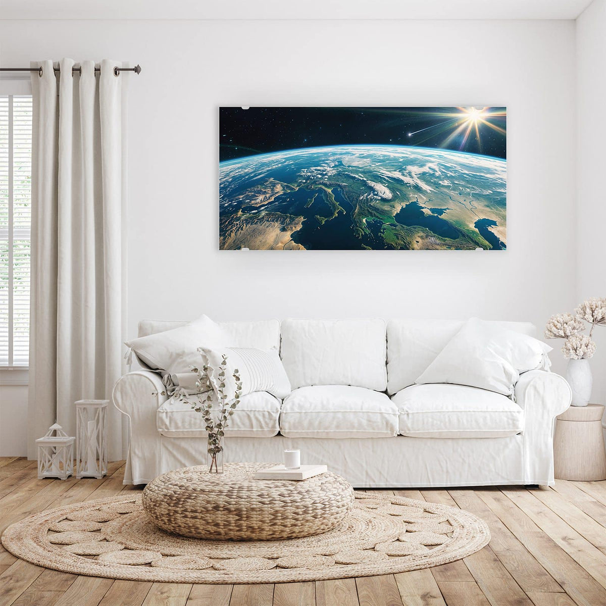 Wandbild - Blauer Planet - Querformat – Erdkugel mit Sonnenstern und Komet