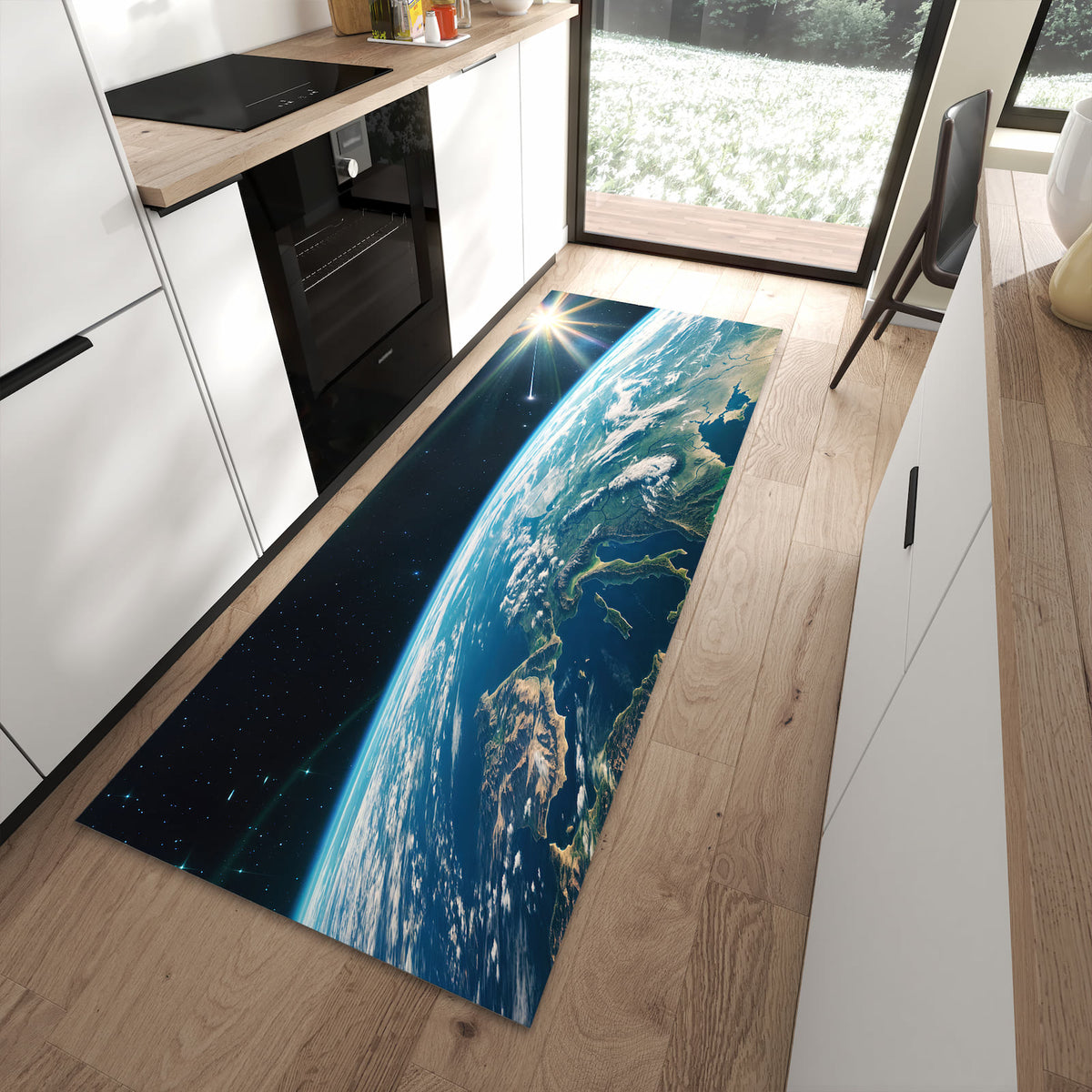 Geruchsneutraler rutschfester Küchenteppich mit Motiv Blick Auf Die Erde in moderner Küche