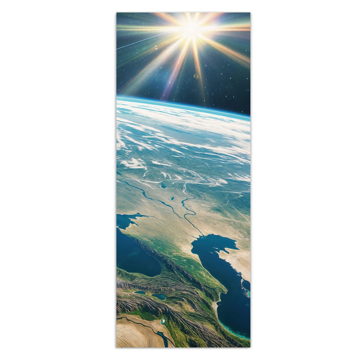 Wandbild - Blauer Planet - Hochformat – Erdkugel mit Sonnenstern und Komet