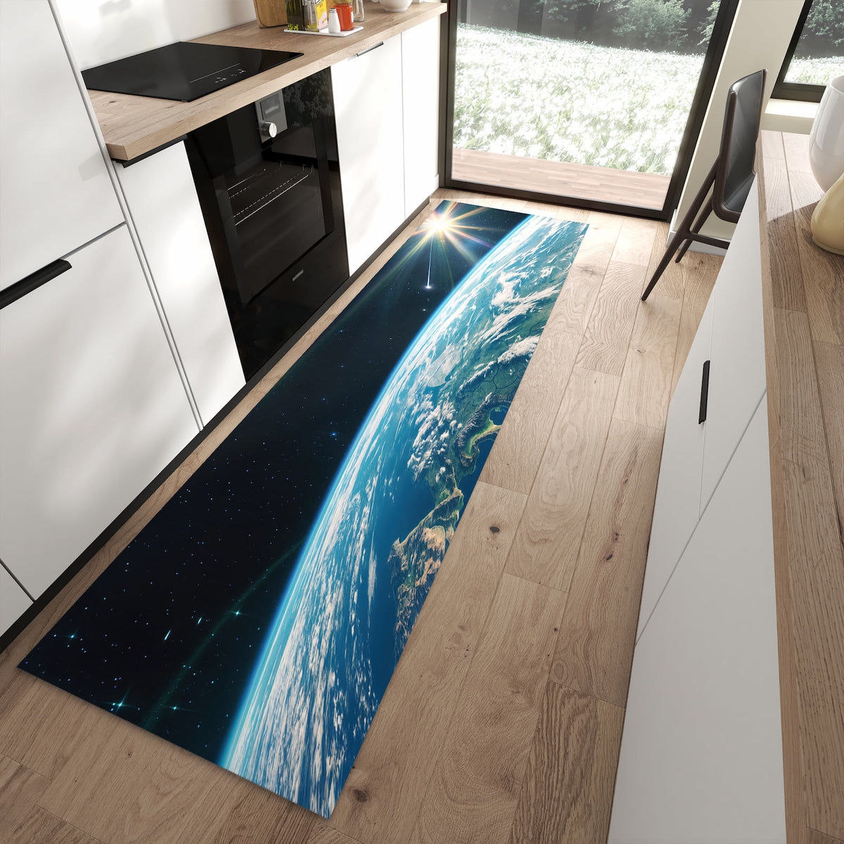 Wasserabweisender Küchenteppich mit Motiv Blick Auf Die Erde in moderner Küche