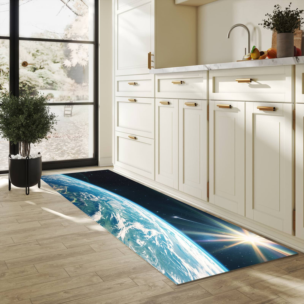 Formstabiler großer Küchenteppich mit Motiv Blick Auf Die Erde in heller Küche