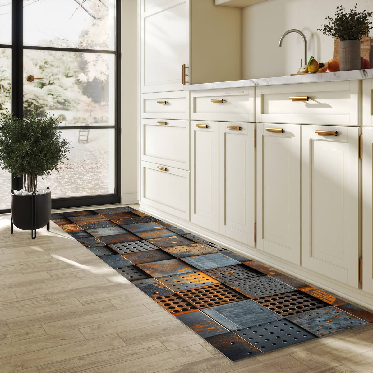 Waschbarer Teppich fürs Esszimmer mit Motiv Gelochte Metallplatten in heller Küche