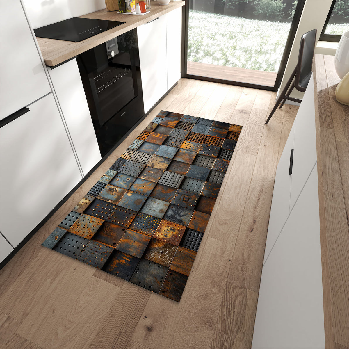 Bodenschonender langer Teppich mit Motiv Gelochte Metallplatten in moderner Küche