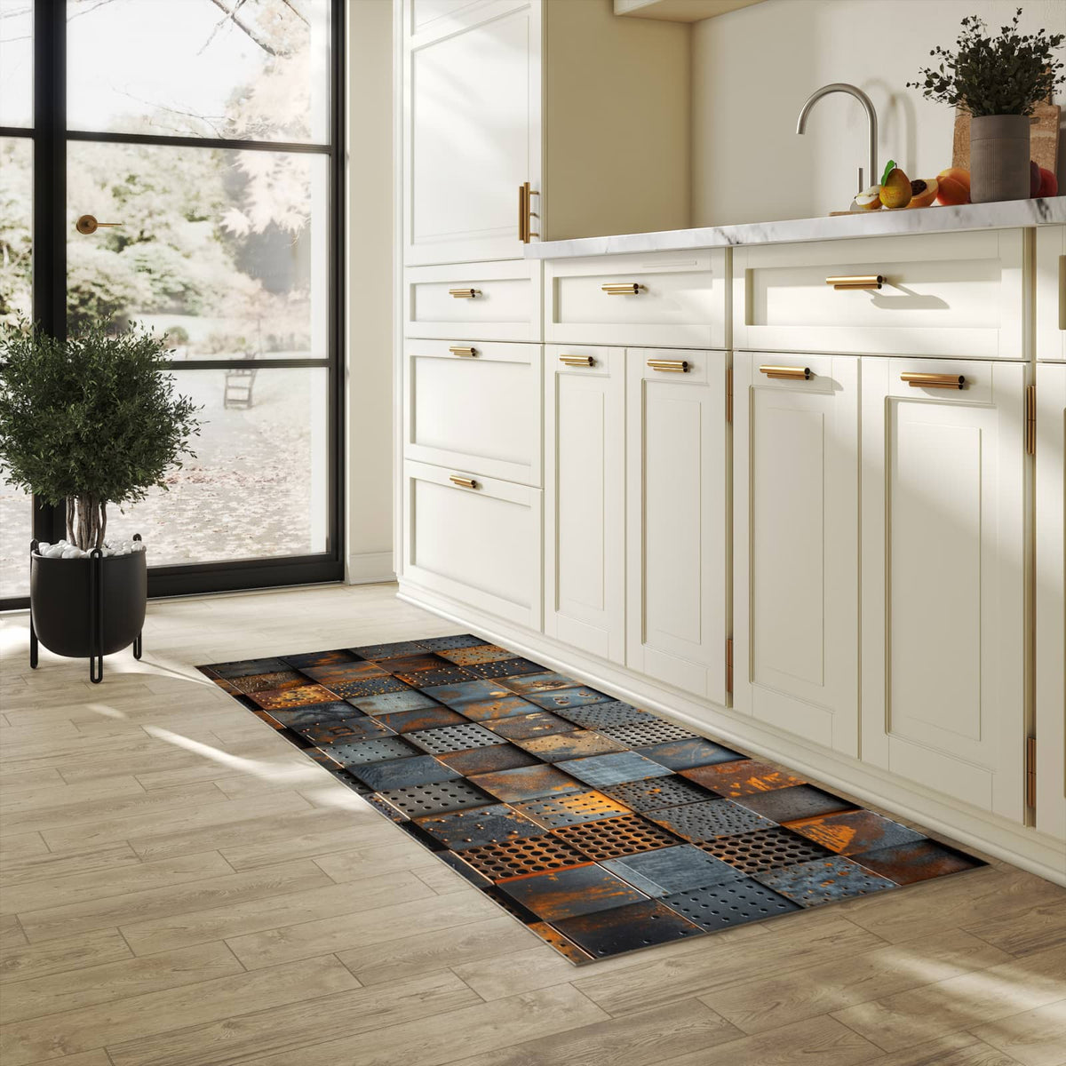 Pflegeleichter dünner Teppich mit Motiv Gelochte Metallplatten in heller Küche