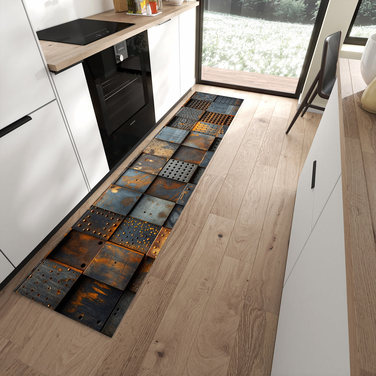 Küchenvorleger mit Motiv Gelochte Metallplatten für angenehme Haptik in moderner Küche
