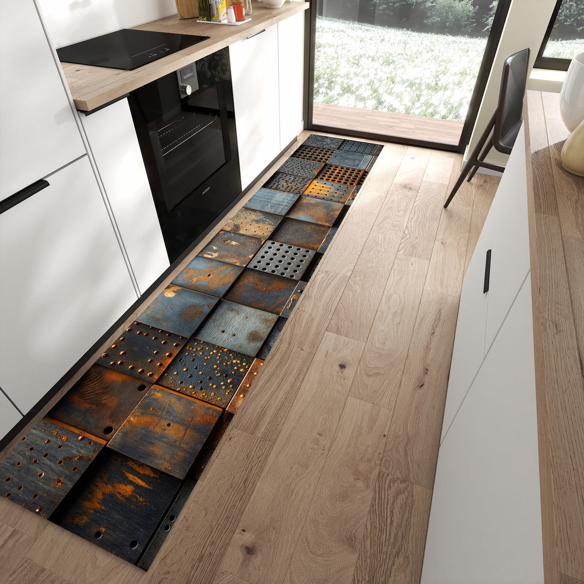 Hygienischer Küchenteppich mit Motiv Gelochte Metallplatten in moderner Küche - waschbar