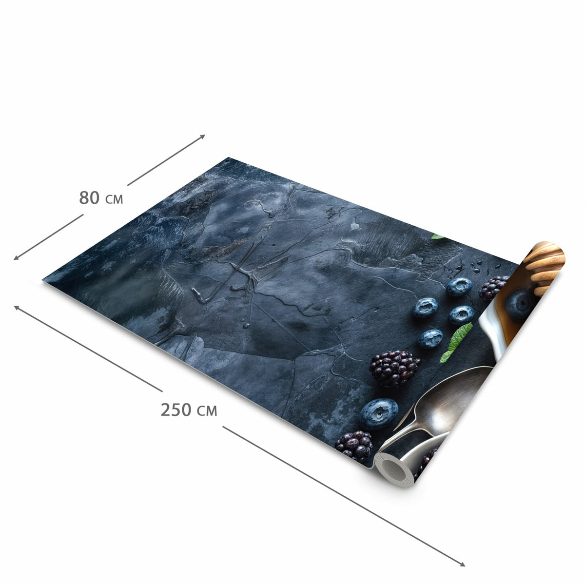 Farbbeständiger Küchenteppich mit Motiv Blaubeeren Stillleben in der Grösse 80x250 cm