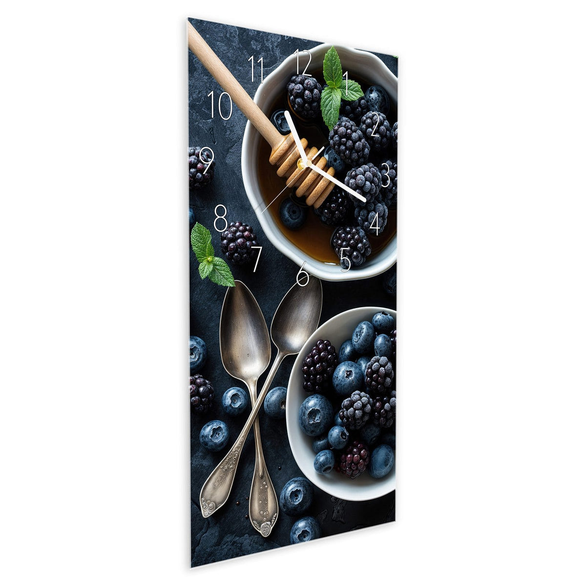 Wanduhr aus Glas im Hochformat Beeren mit Honig schräg von der Seite, 4 mm starkes Glas