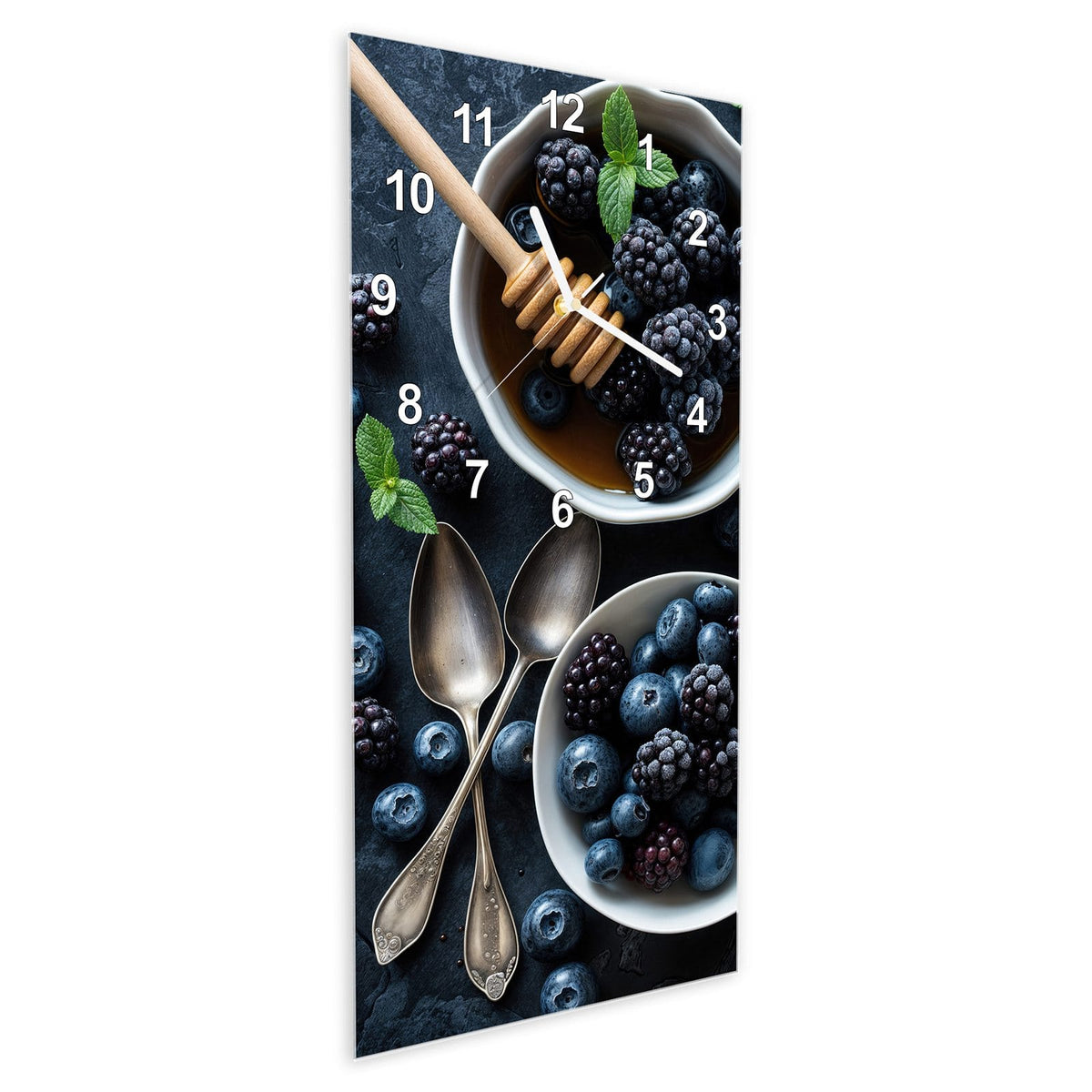 Wanduhr aus Glas im Hochformat Beeren mit Honig schräg von der Seite, 4 mm starkes Glas