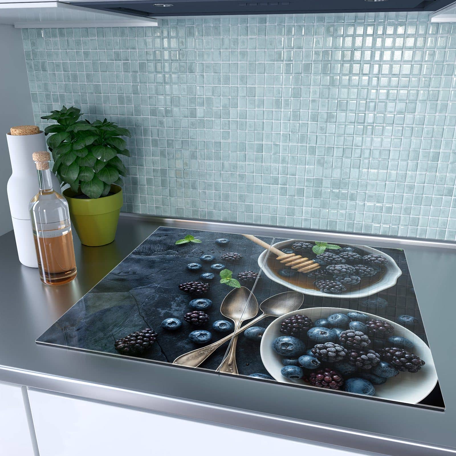 2-teilige Herdabdeckplatte für Ceranfeld mit Blaubeeren Stillleben-Motiv auf dem Ceranfeld