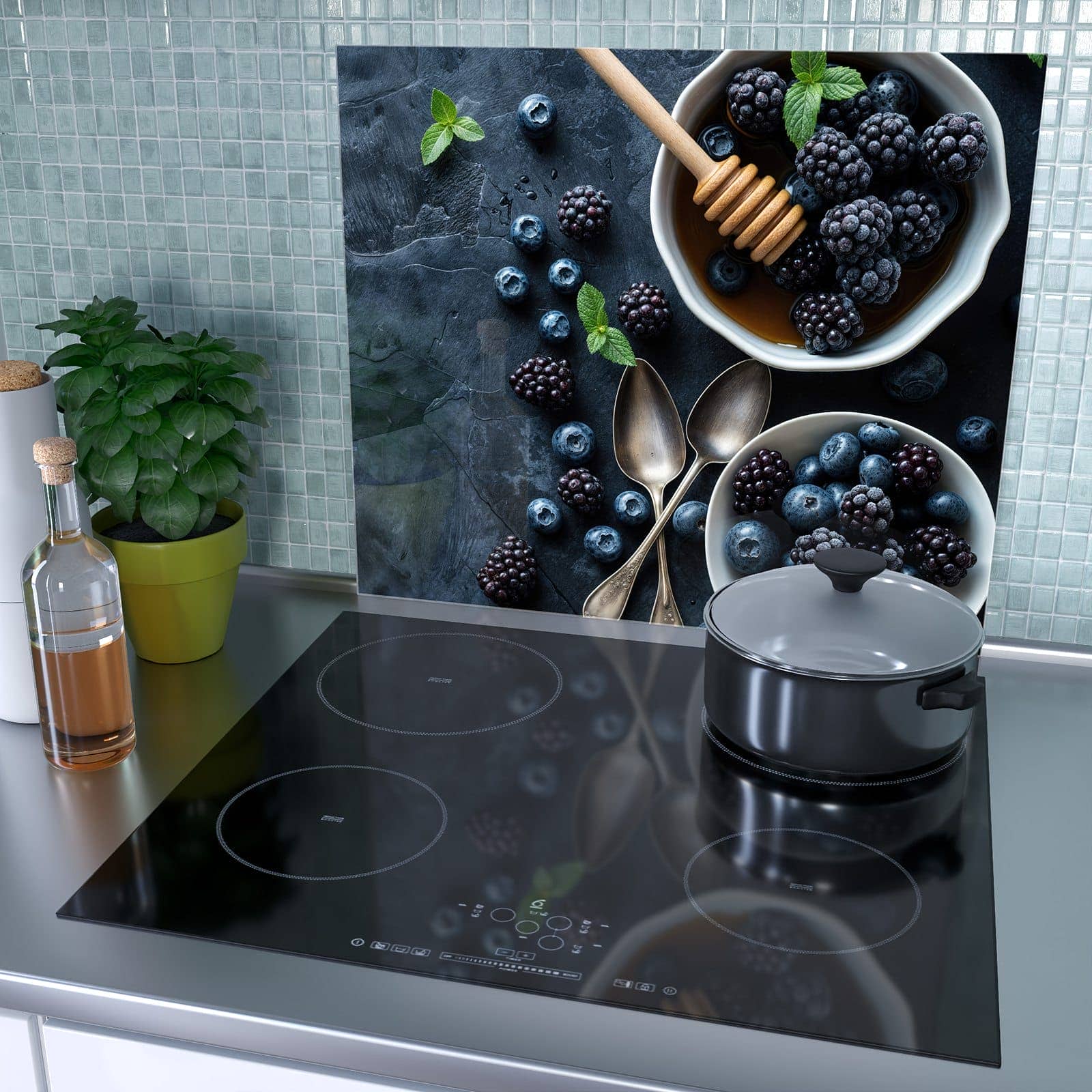1-teilige Abdeckplatten für Ceranfeld mit Blaubeeren Stillleben-Motiv als Spritzschutz hinter dem Kochfeld