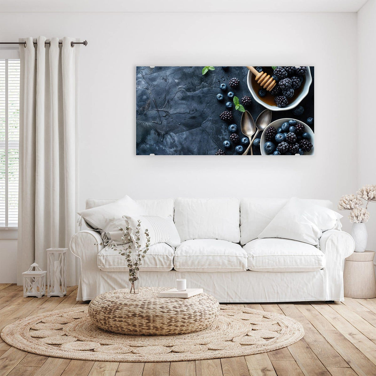 Wandbild - Beeren mit Honig - Querformat – Schalen voller Heidelbeeren und Brombeeren
