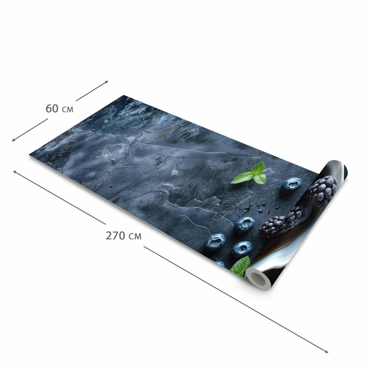 Feuchtigkeitsresistenter Küchenteppich mit Motiv Blaubeeren Stillleben in der Grösse 80x200 cm