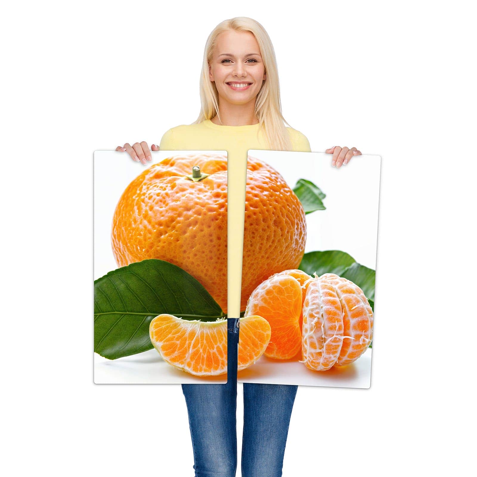 2-teilige Ceranfeld Abdeckplatten mit Frische Mandarine-Motiv wird zur Größendarstellung gehalten