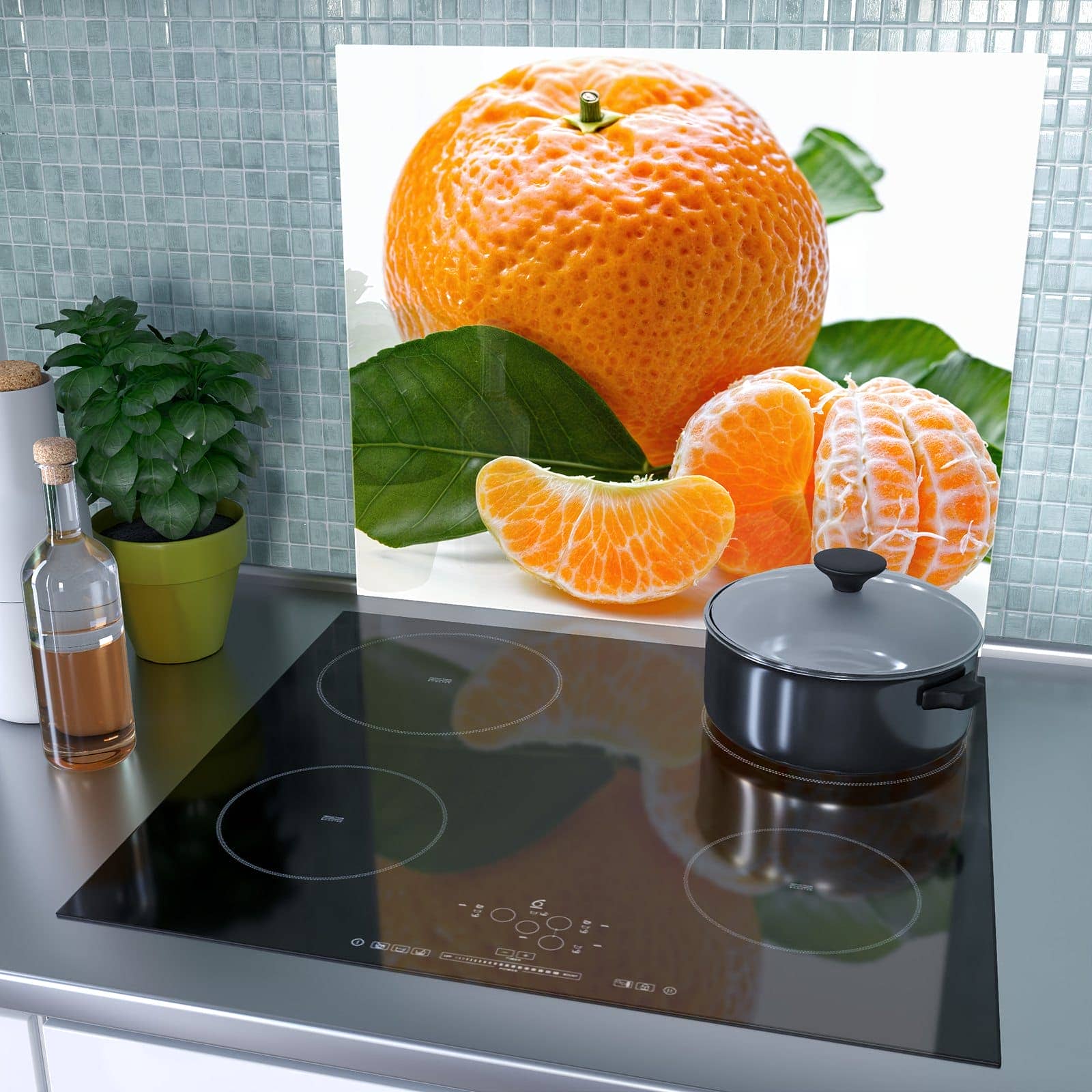 1-teilige Herdabdeckplatte mit Frische Mandarine-Motiv als Spritzschutz hinter dem Kochfeld