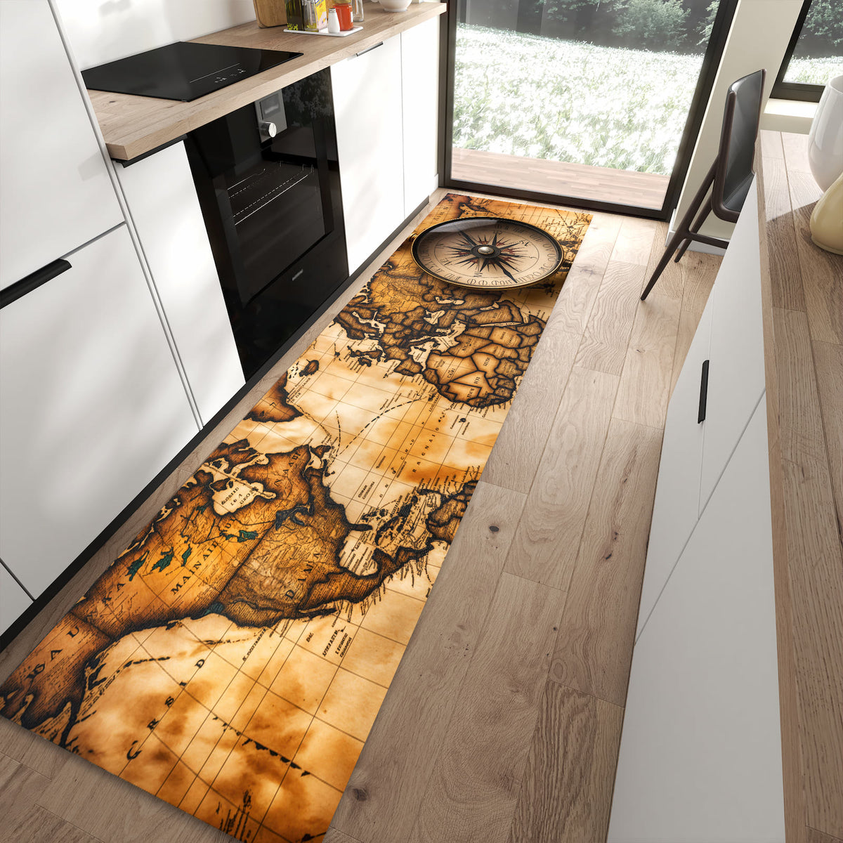 Flacher Küchenteppich mit Motiv Vintage Weltkarte Kompass in moderner Küche für rutschfesten Stand